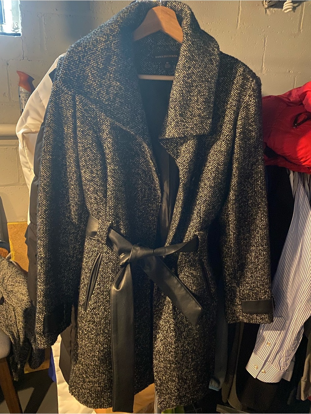 Dana Buchman Black and Gray Tweed Belted Pea Coat